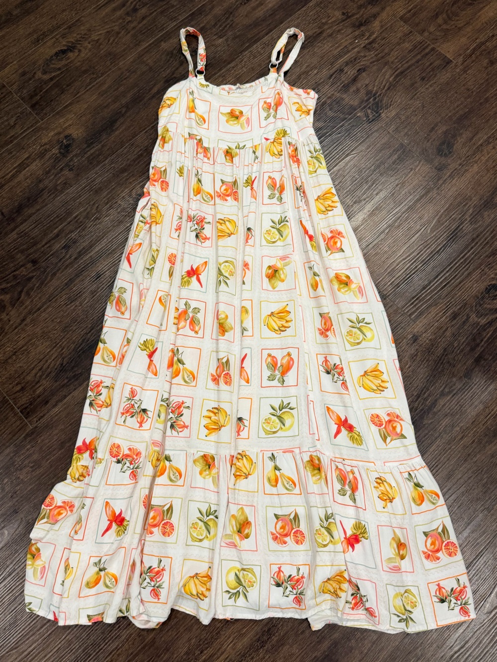 White Fruit-Print Maxi Sundress with Spaghetti Straps